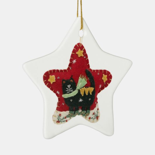 赤いヴィンテージのフェルトによって手作りされる子猫のクリスマスの星 セラミックオーナメント (右)