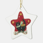 赤いヴィンテージのフェルトによって手作りされる子猫のクリスマスの星 セラミックオーナメント (左)