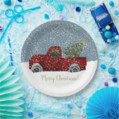 赤いヴィンテージのレトロのトラックおよびクリスマスツリー ペーパープレート (パーティー)