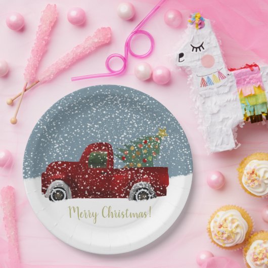 赤いヴィンテージのレトロのトラックおよびクリスマスツリー ペーパープレート (パーティー)