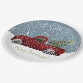 赤いヴィンテージのレトロのトラックおよびクリスマスツリー ペーパープレート (アングル)