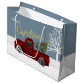 赤いヴィンテージのレトロのトラックおよびクリスマスツリー ラージペーパーバッグ (正面アングル)