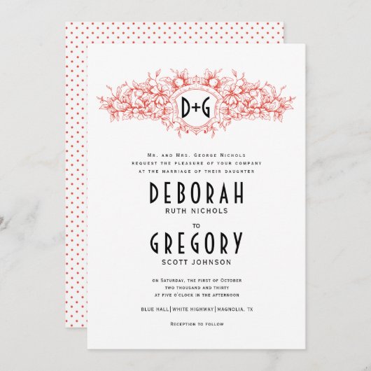 赤いヴィンテージの紋章とイニシャル ウェディング 招待状 (正面/裏面)