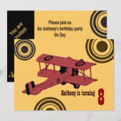 赤いヴィンテージの複葉機の少年の誕生日招待状 招待状 (正面/裏面)