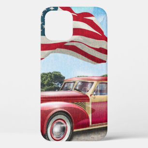 赤いヴィンテージはアメリカの旗でトラックを拾う。 iPhone 12ケース