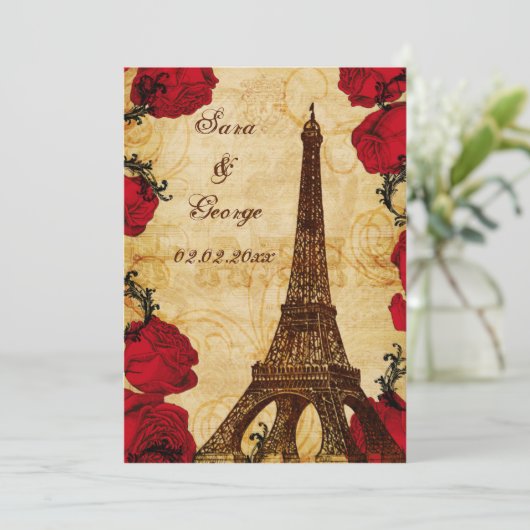 赤いヴィンテージエッフェル塔パリの日付を保存 セーブザデート (スタンド正面)