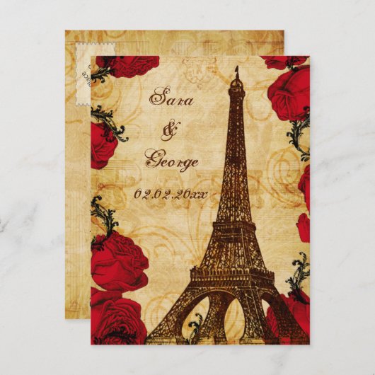 赤いヴィンテージエッフェル塔パリの日付を保存 案内ポストカード (正面/裏面)