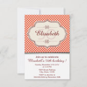 赤いヴィンテージギンガムの書女誕生日 招待状 (正面)