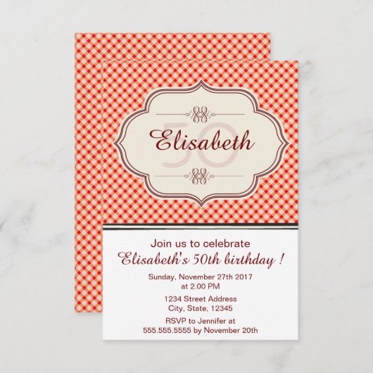 赤いヴィンテージギンガムの書女誕生日 招待状 (正面/裏面)