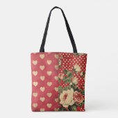 赤いヴィンテージシャビーシックなドットハート花模様ミックス トートバッグ (裏面)