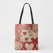 赤いヴィンテージシャビーシックなドットハート花模様ミックス トートバッグ (正面)