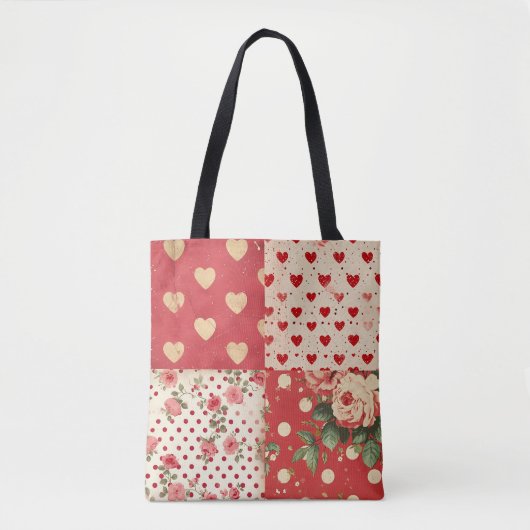 赤いヴィンテージシャビーシックなドットハート花模様ミックス トートバッグ (正面)
