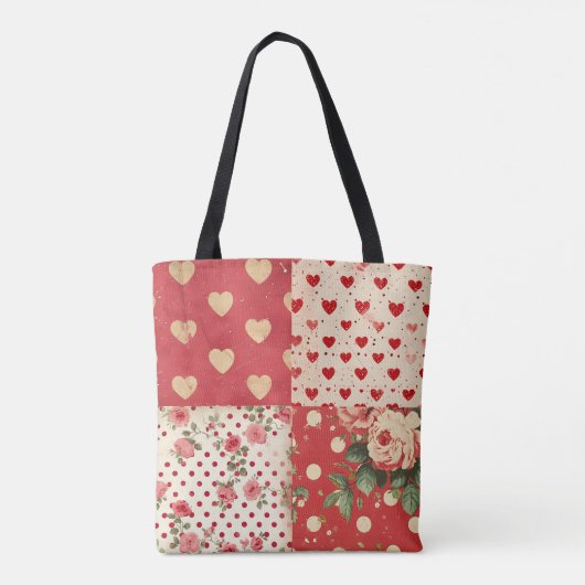 赤いヴィンテージシャビーシックなドットハート花模様ミックス トートバッグ (裏面)