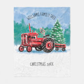 赤いヴィンテージトラクターとクリスマスツリーの名前の追加 フリースブランケット (正面)