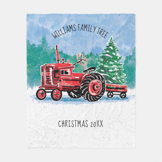 赤いヴィンテージトラクターとクリスマスツリーの名前の追加 フリースブランケット (正面)