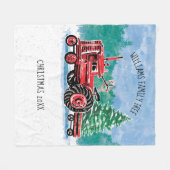 赤いヴィンテージトラクターとクリスマスツリーの名前の追加 フリースブランケット (正面(横))