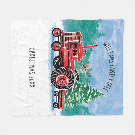 赤いヴィンテージトラクターとクリスマスツリーの名前の追加 フリースブランケット (正面(横))