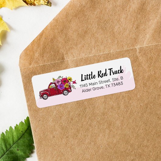 赤いヴィンテージトラックと花のキュートな差出人住所 ラベル