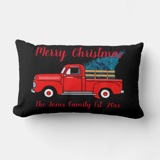 赤いヴィンテージピックアップトラック、休日おもしろい、針葉樹 ランバークッション (正面)