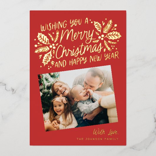 赤いヴィンテージホリー傾斜スナップショットフォトクリスマス 箔シーズンカード (正面)