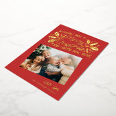 赤いヴィンテージホリー傾斜スナップショットフォトクリスマス 箔シーズンカード (回転した状態)