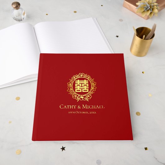 赤いヴィンテージ中国のフローラリース二重の幸福 ゲストブック (正面見開き)