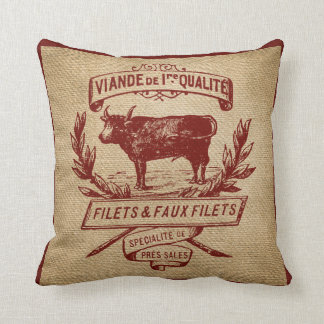 赤いヴィンテージ牛デリカテッセン広告バーラップ クッション