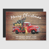 赤いヴィンテージ素朴トラックのドッグのクリスマス移動カード (正面/裏面)