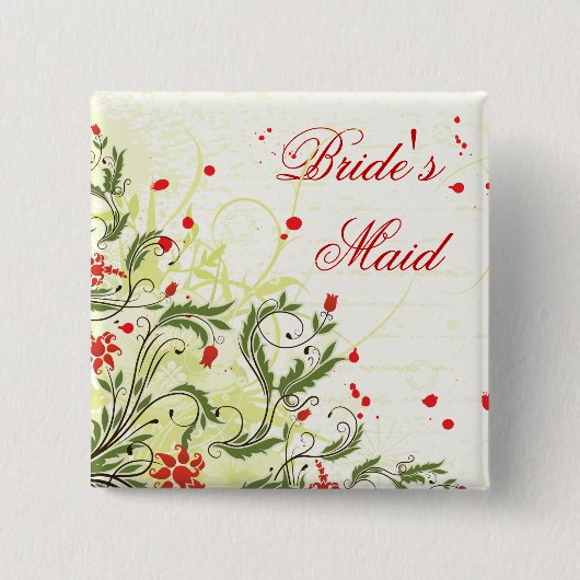 赤いヴィンテージ花花花嫁ピンバックボタン 缶バッジ (正面)