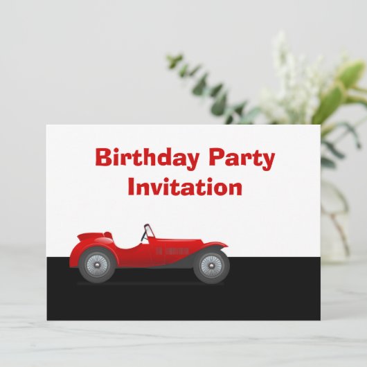 赤いヴィンテージ車を持つ誕生日のパーティの招待状 招待状 (スタンド正面)