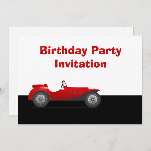 赤いヴィンテージ車を持つ誕生日のパーティの招待状 招待状 (正面/裏面)