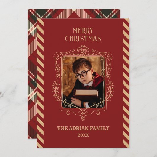 赤いヴィンテージ魔法写真クリスマス シーズンカード (正面/裏面)