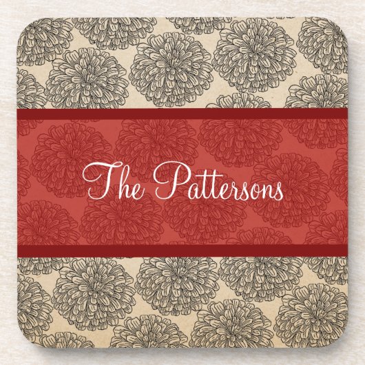 赤いヴィンテージ《植物》百日草コースターセット コースター (正面)