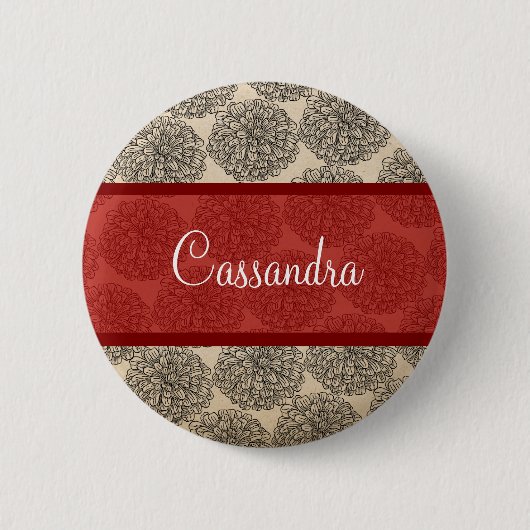 赤いヴィンテージ《植物》百日草ボタン 缶バッジ (正面)