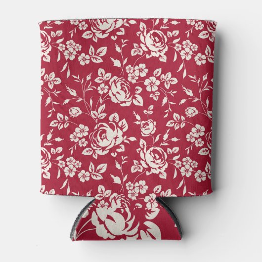 赤いヴィンテージ：白いローズシルエット。 缶クーラー (正面)