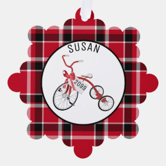 赤い三輪車の幼児の子供 – ギフトラベル- オーナメントカード