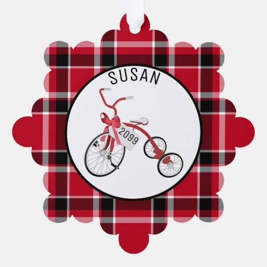 赤い三輪車の幼児の子供 – ギフトラベル- オーナメントカード (裏面)