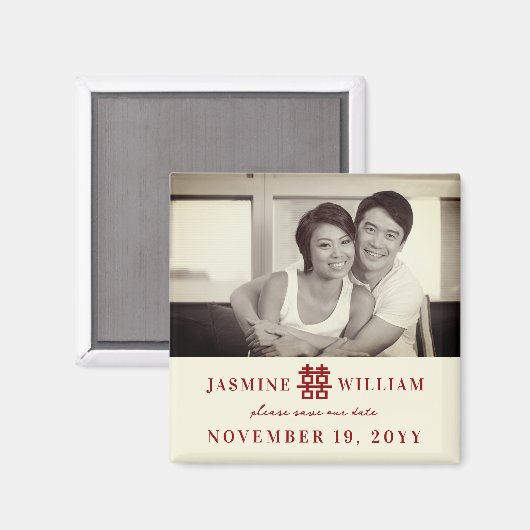 赤い中国の二重の幸せ写真の日付を保存 マグネット (正面/裏面)