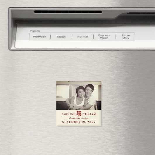 赤い中国の二重の幸せ写真の日付を保存 マグネット (インサイチュ (食洗機))