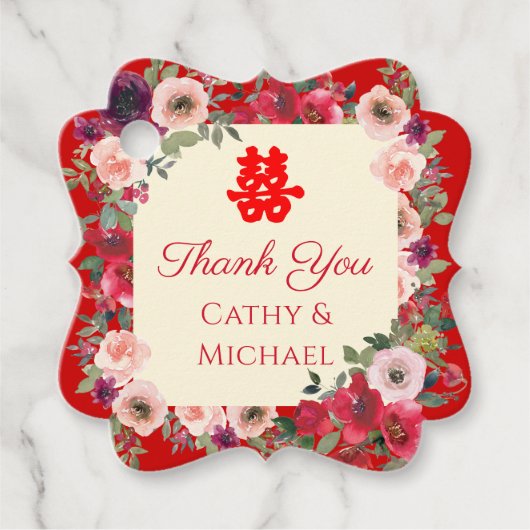 赤い中国の庭結婚のフローラの二重の幸福 フェイバータグ (正面)