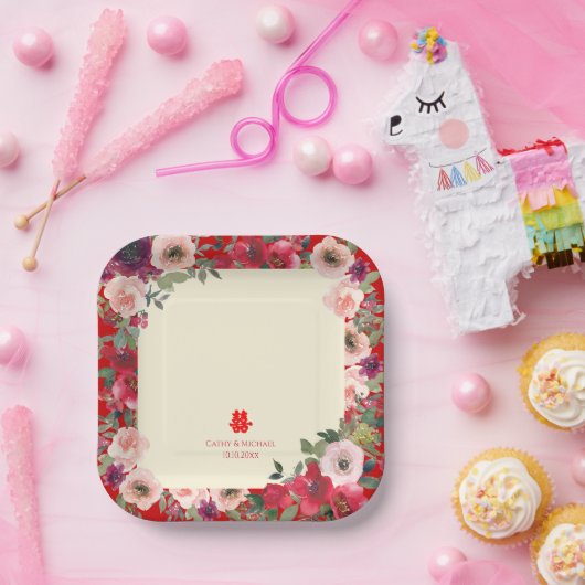 赤い中国の庭結婚のフローラの二重の幸福 ペーパープレート (パーティー)