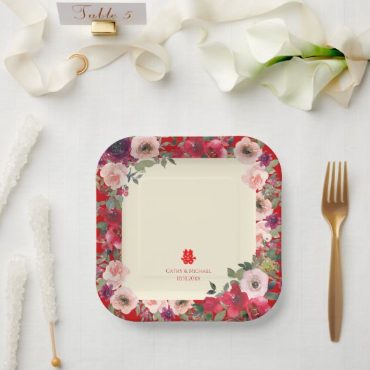 赤い中国の庭結婚のフローラの二重の幸福 ペーパープレート (ウェディング)