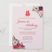 赤い中国の庭結婚のフローラカップル写真 招待状 (裏面)