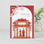 赤い中国の結婚式のカップルと寺の桜 招待状 (スタンド正面)