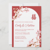 赤い中国の結婚式のカップルと寺の桜 招待状 (裏面)