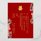 赤い中国の結婚式の二重の喜びの花 箔招待状 (裏面)