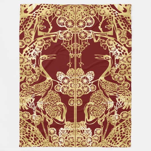 赤い中国の金ゴールドの折り返し フリースブランケット (正面)