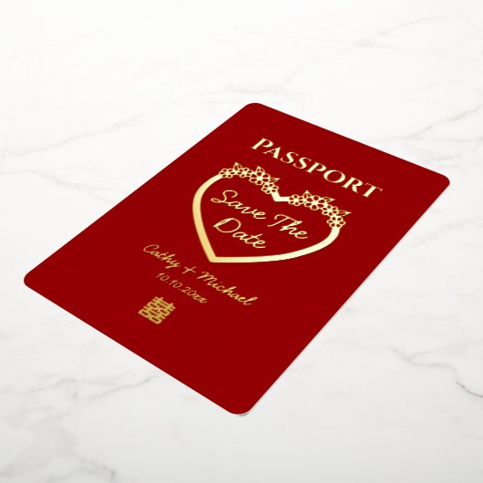 赤い中国風結婚証明書 Save the Date 箔招待状 (回転した状態)