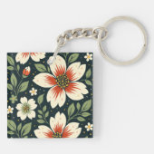 赤い中心と緑の葉を持つクリーム色の花 キーホルダー (裏面)