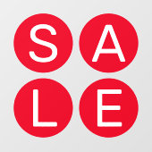 赤い丸の窓の上に販売標識の白い文字を貼る ウィンドウサイン (シート)